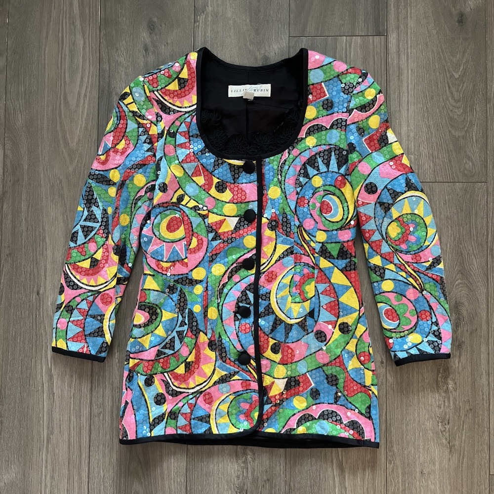 VTG Lillie Rubin Womens Sz 14 Silk Sequin Jacket Button Multicolor